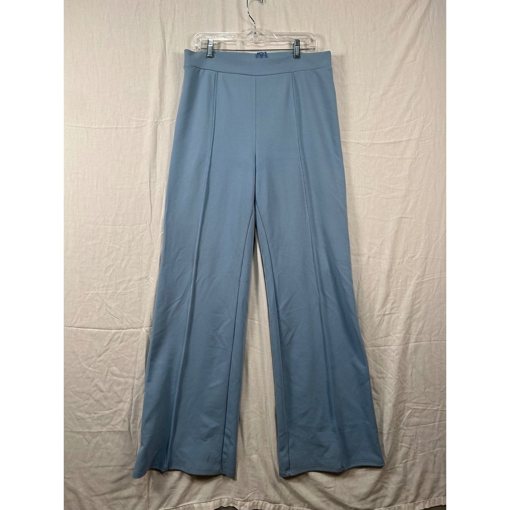 High Waisted Wide Leg Pintuck Trousers Dusty Blue Crepe Pants Back Zip XL #2304